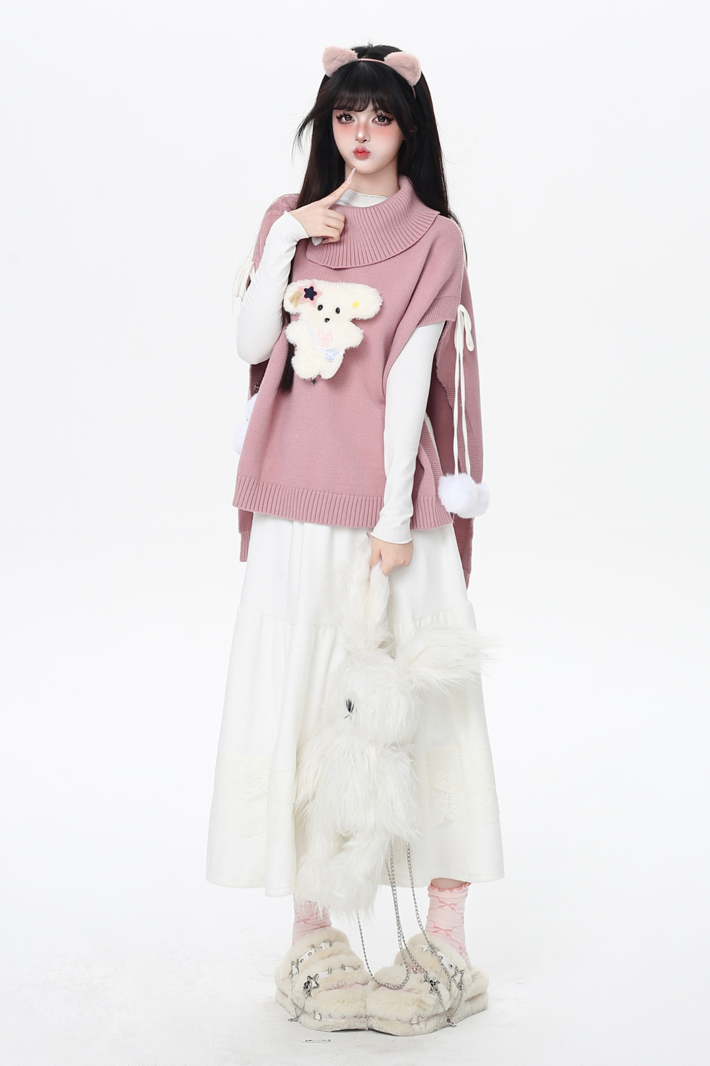 タートルネックショールニットプルオーバーケープ