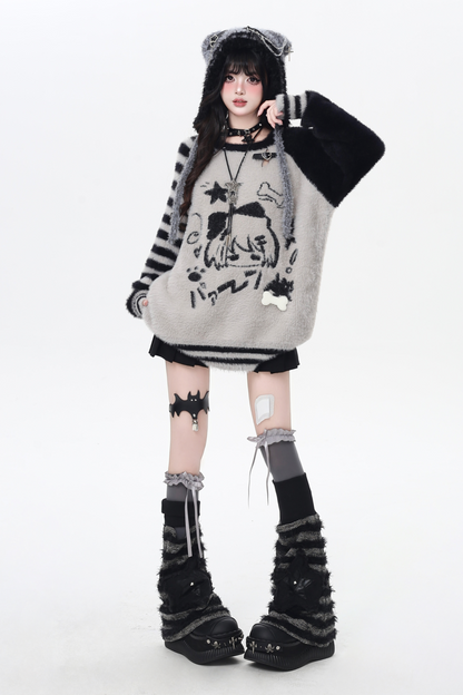 Hooded Loose Top with Striped Asymmetrical Ears