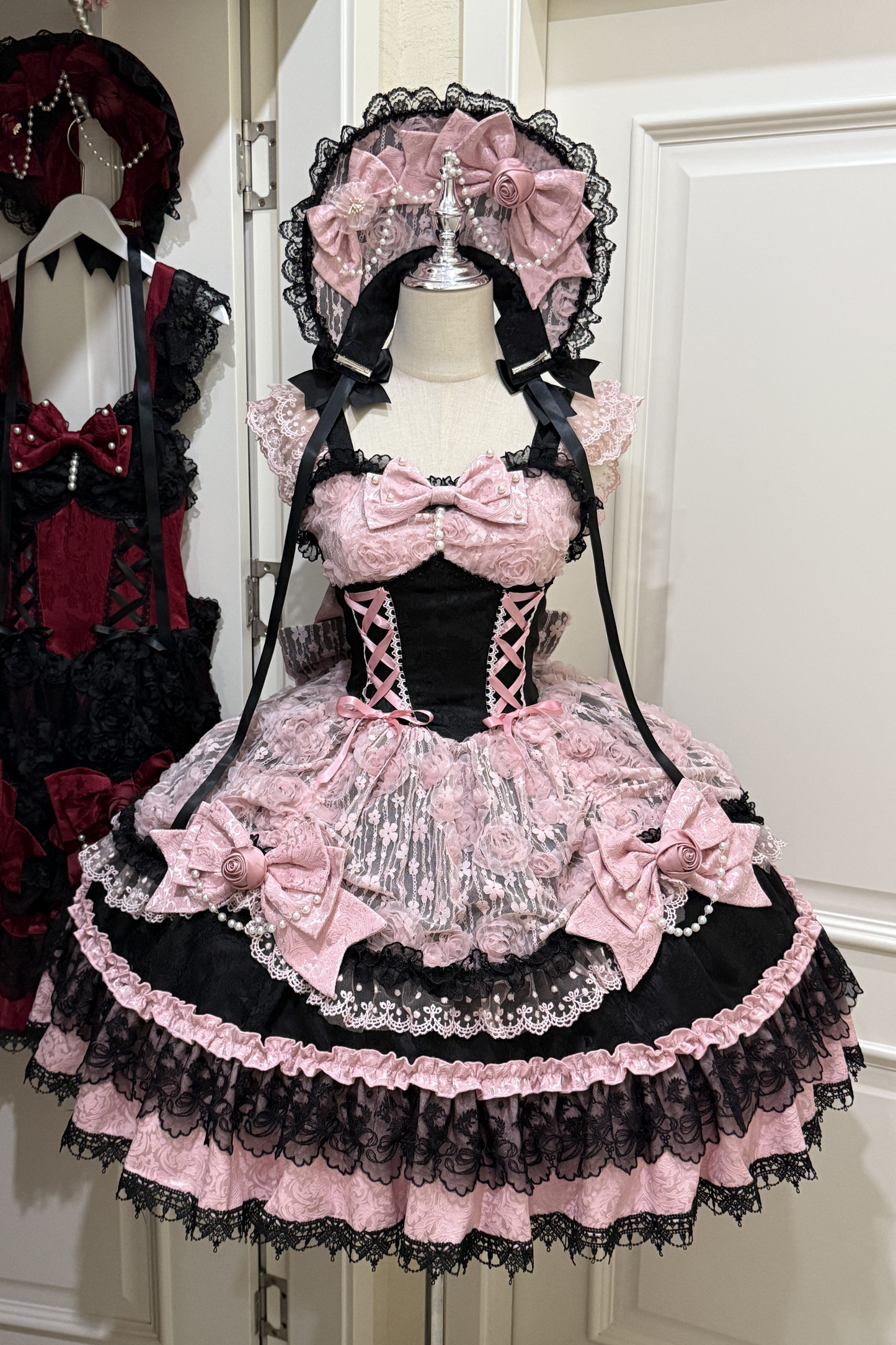 ローズフリルプリンセスジャンパースカート+バッグリボン+ボンネット