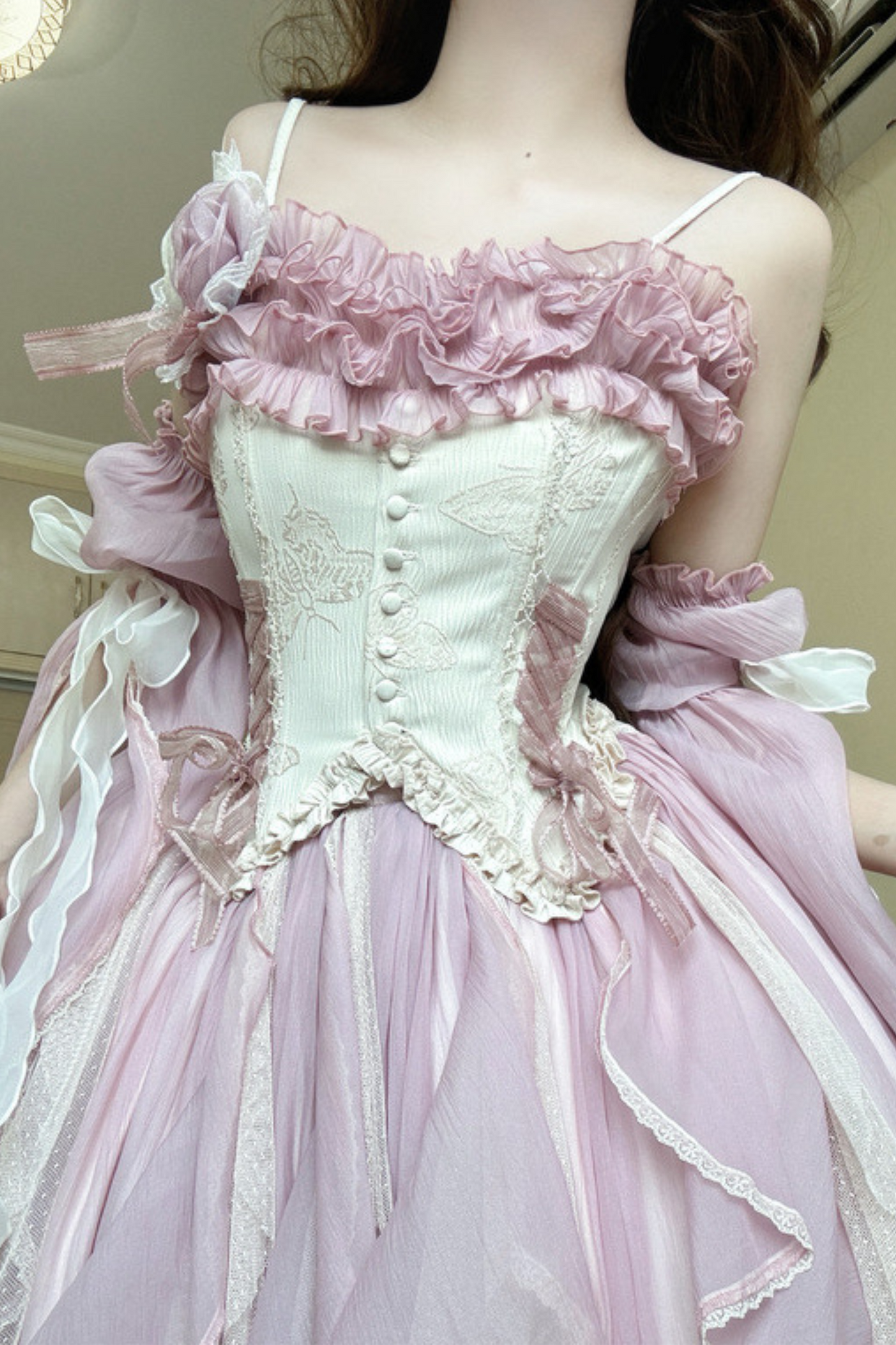 Blue Pink Fishbone Corset Wedding Dress