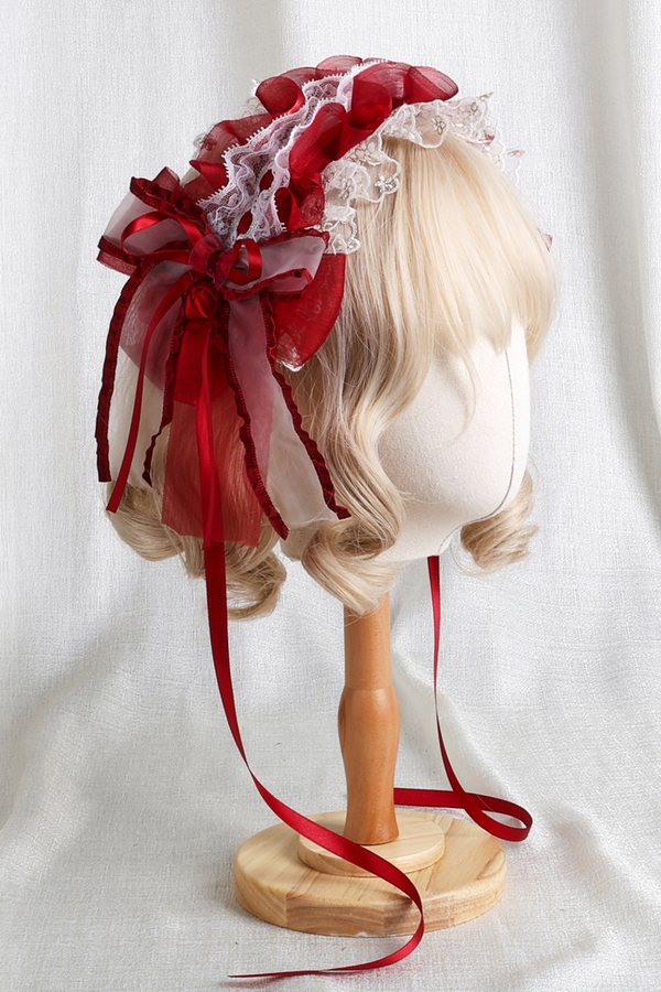 ローズレースロリータボンネット+ハット+ヘアバンド+クリップハット+クラウン