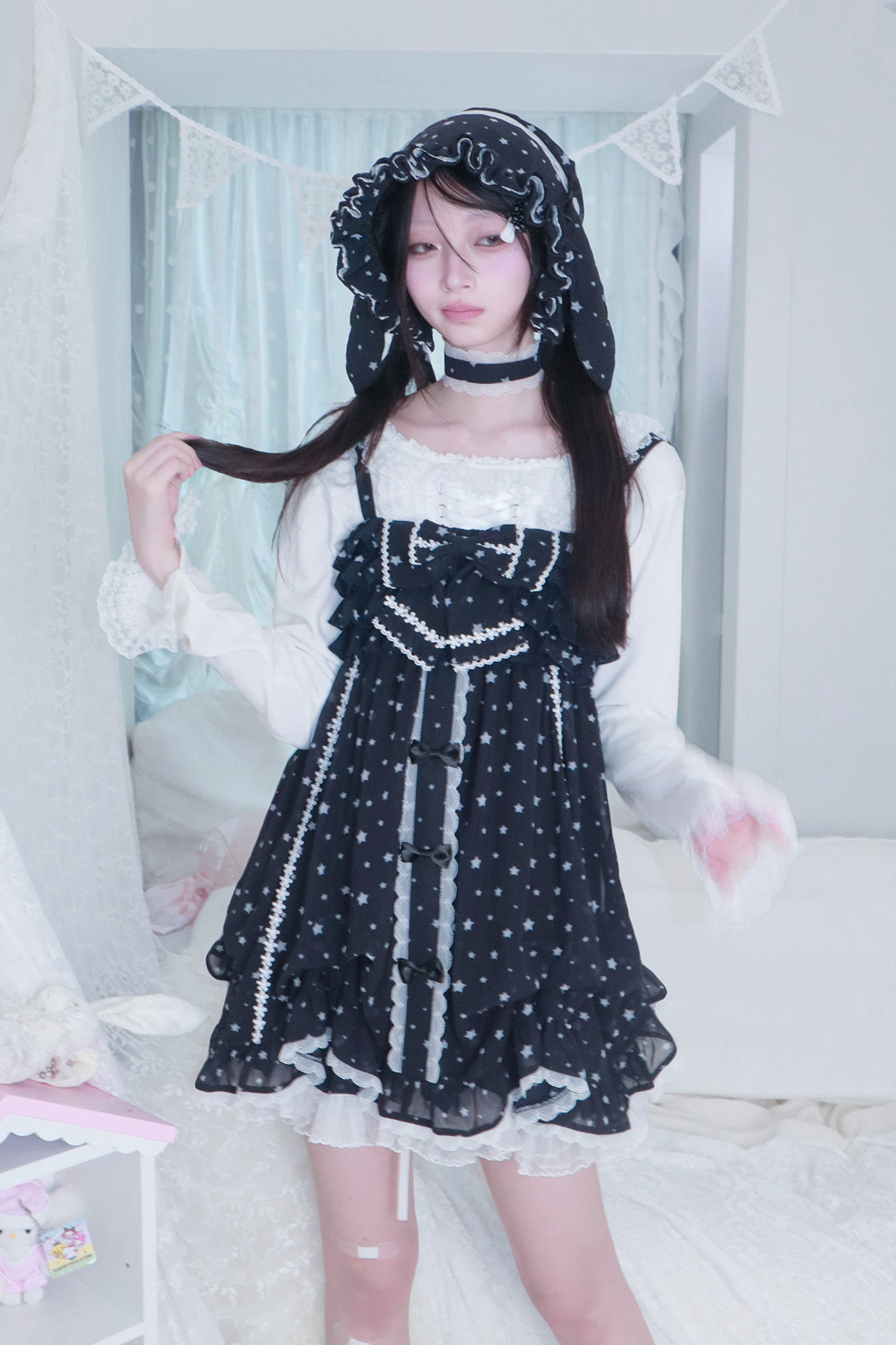 ドットシフォンサンドレス+ラビットハット