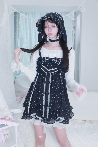 ドットシフォンサンドレス+ラビットハット