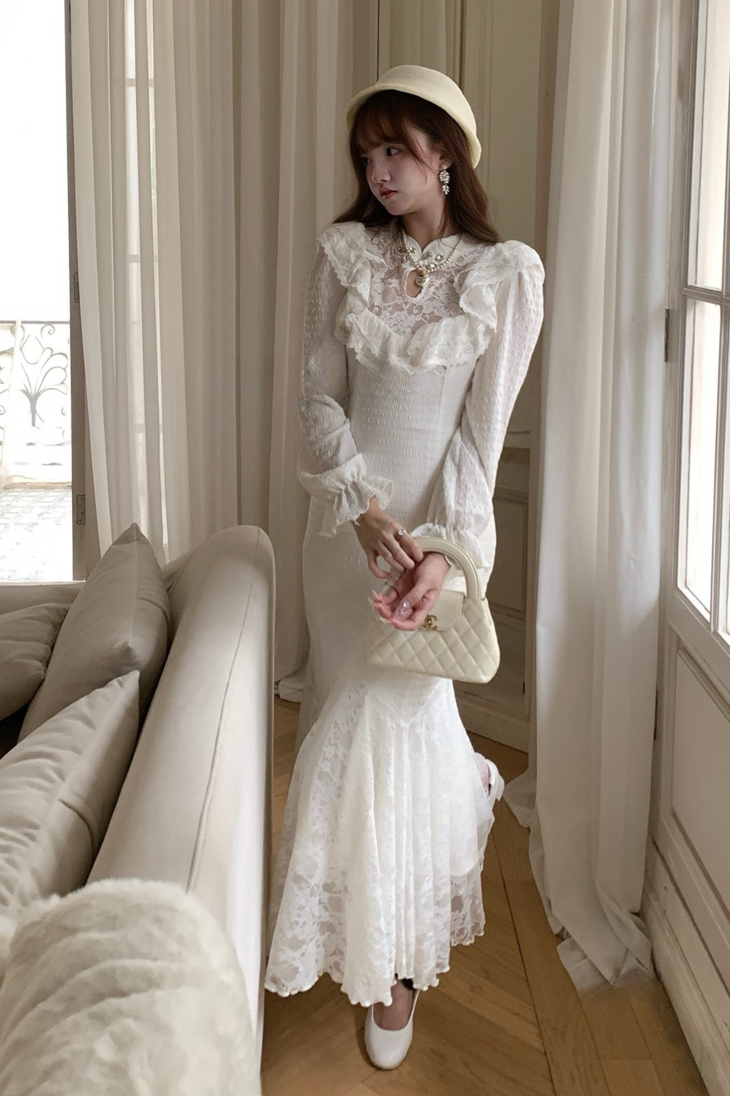 パフスリーブニットレースワンピース