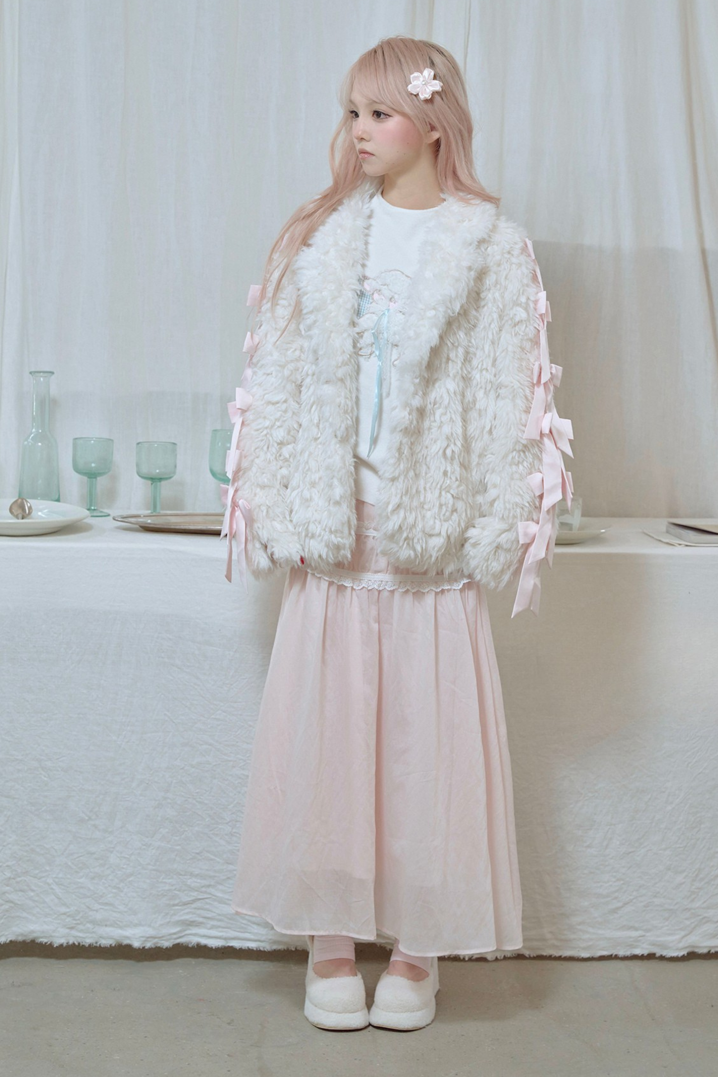 Satin ribbon fur coat