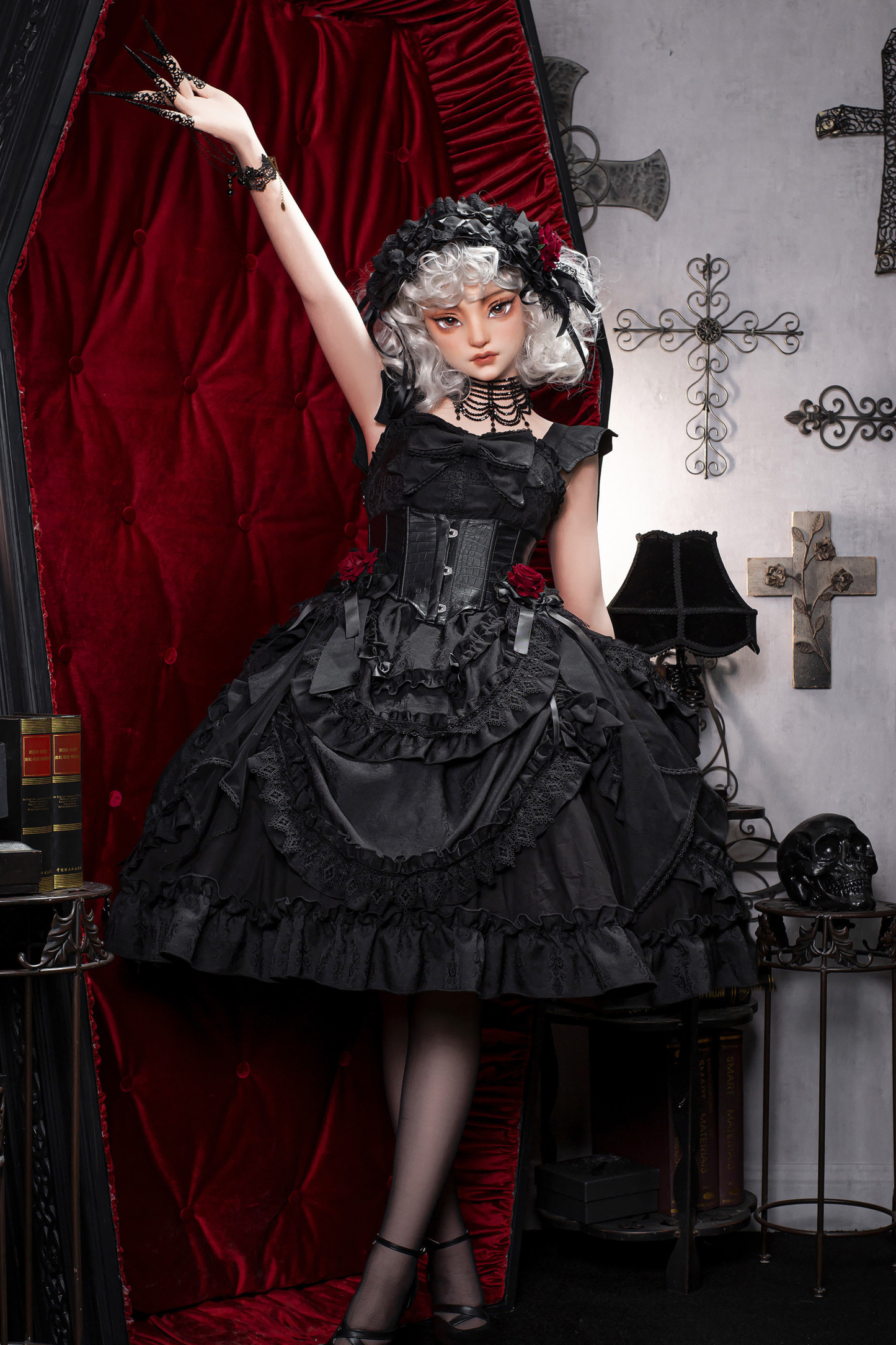 Dark Gothic Ribbon Lolita Dress + Waist Belt + Train + Hairband