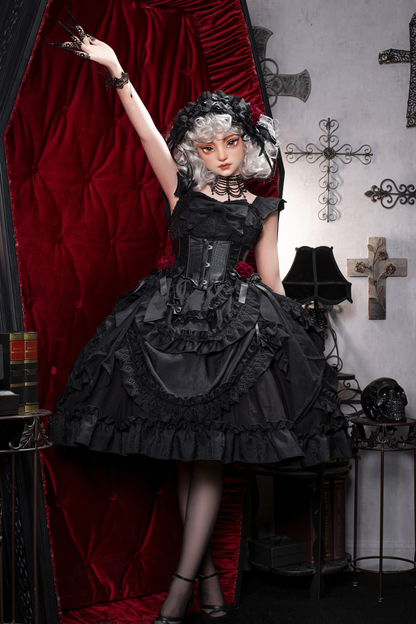 Dark Gothic Ribbon Lolita Dress + Waist Belt + Train + Hairband