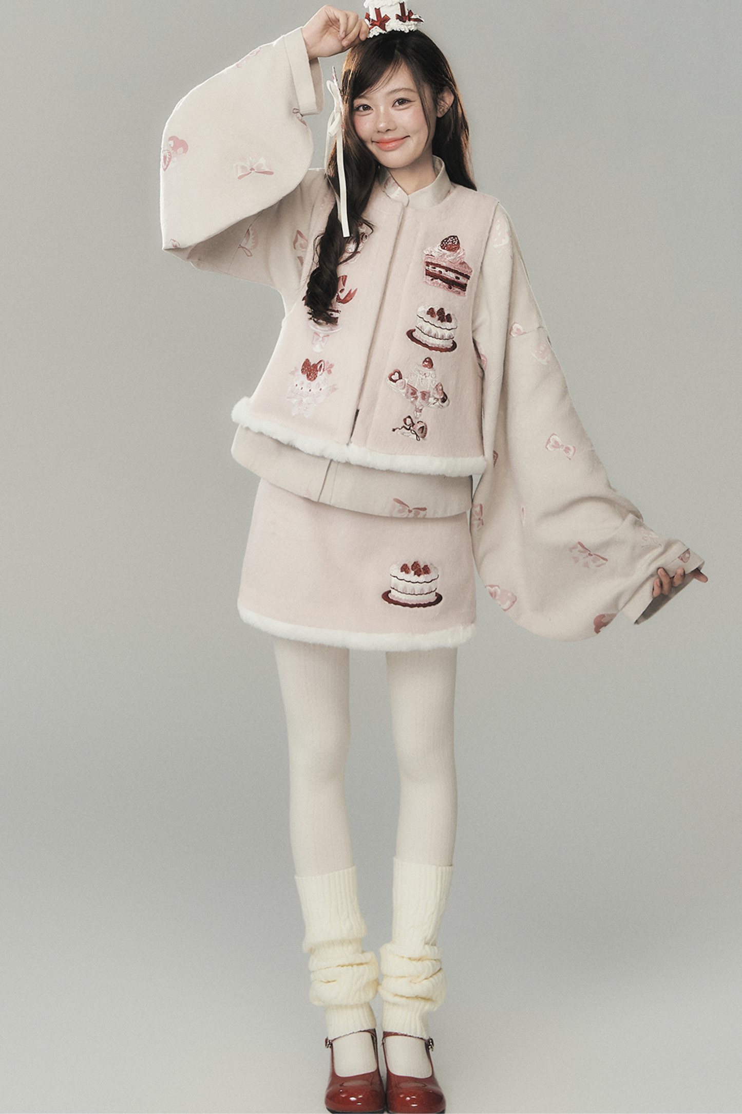 ストロベリーケーキプレッピースタイルベスト+トップス+スカート