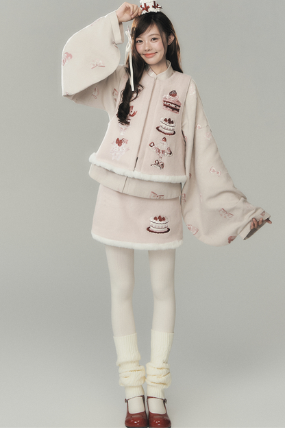 ストロベリーケーキプレッピースタイルベスト+トップス+スカート