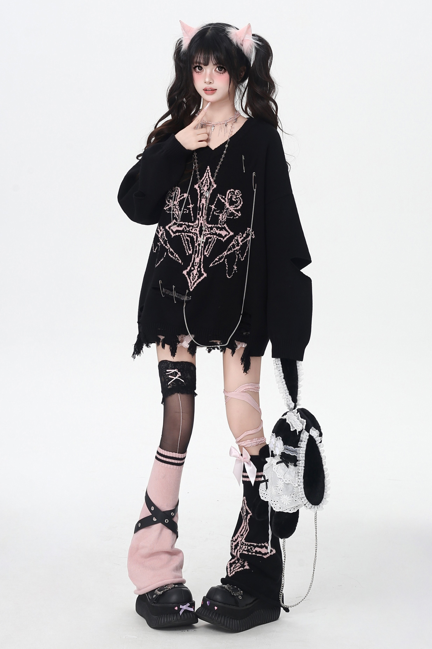 ゴシックライトアジアンVネックニッチルーズセーター