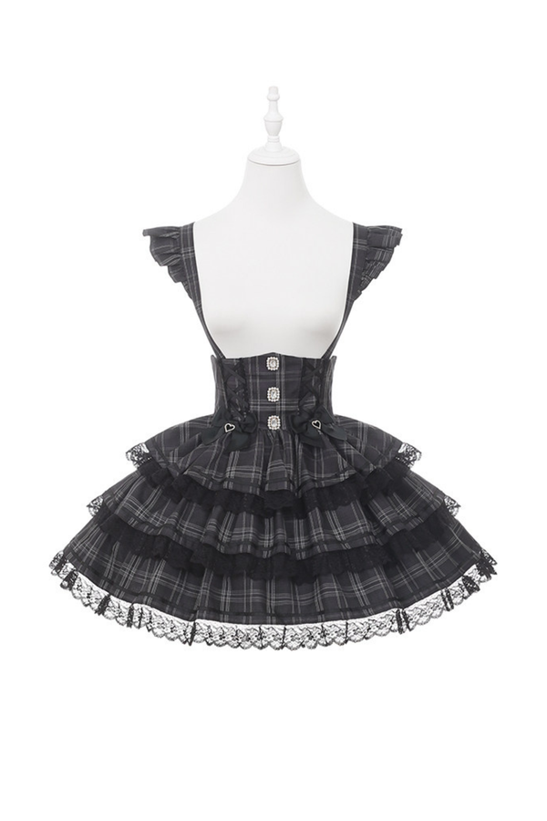 チェックフラッタースリーブサスペンダースカート+トップス