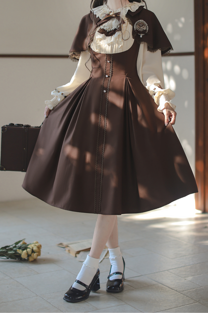 フレンチブラウンヴィンテージロリータドレス+ケープ+ベレー帽+バッジ