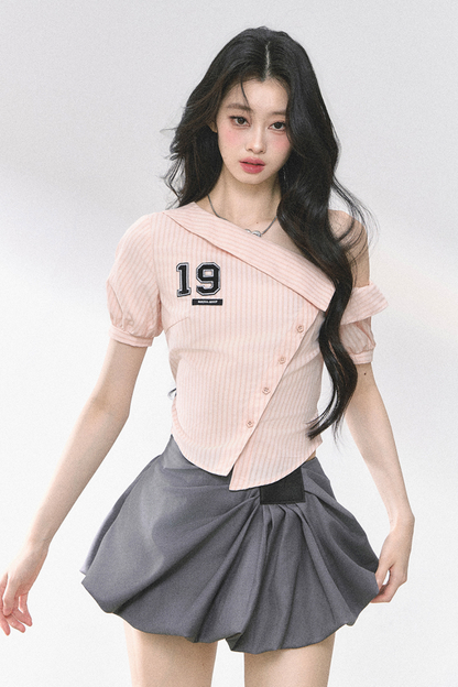 ワンショルダーロゴタイトトップス