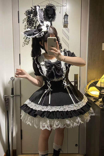 ダークレースアップストライプドロリータドレス+ラビットハット+スリーブ