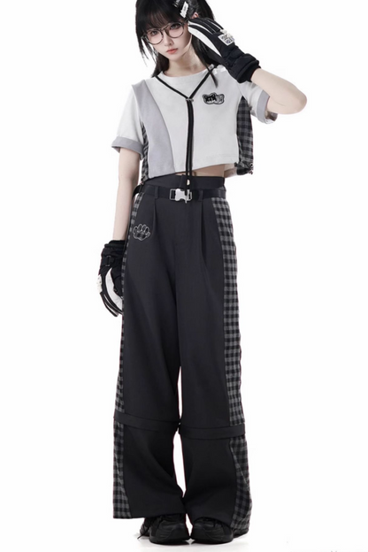 チェックショートトップス+チェックパンツ+フードトップス