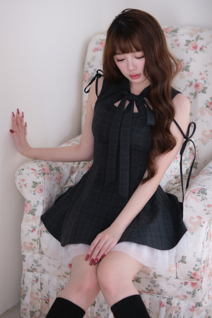 チェックレイヤーヘムノースリーブドレス