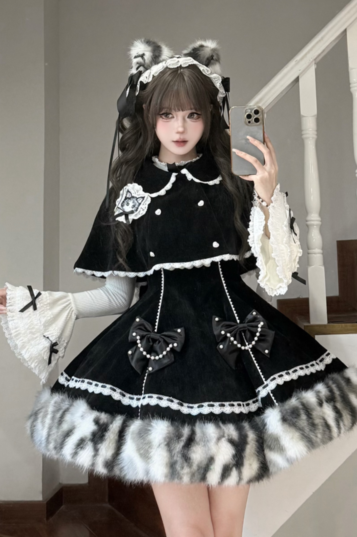 Cat Fleece Lolita Cape + Snow Lolita Dress + Flared Sleeve Top