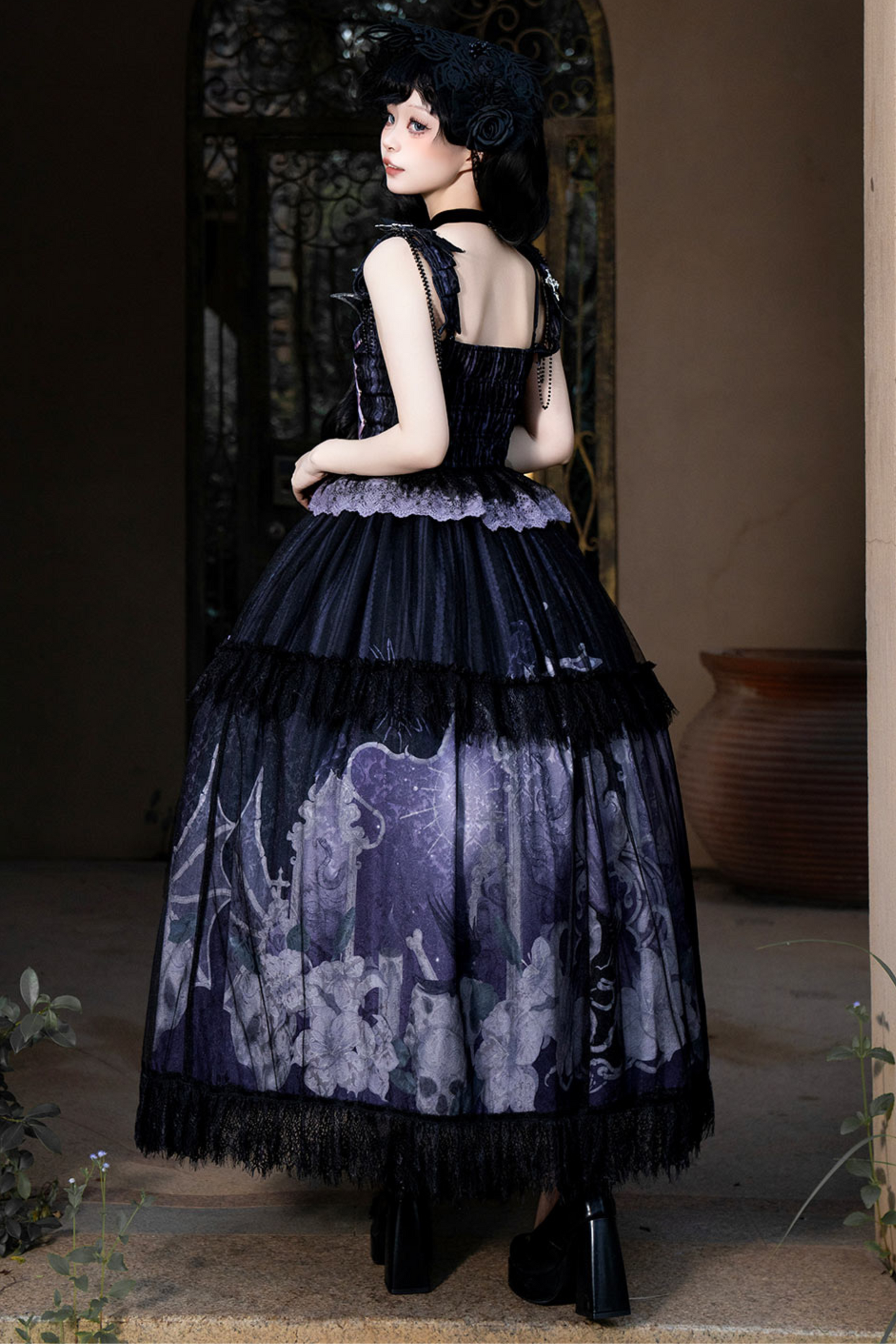 Gothic style dark camisole top + dark chic skull skirt