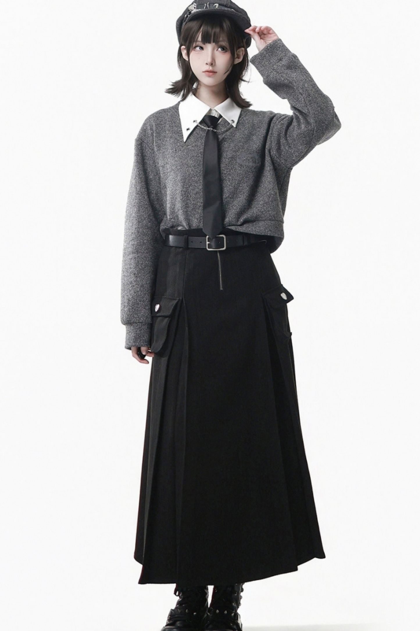 グレーウィンタープレッピーカレッジロングトップス+ショートトップス+スカート+パンツ+シャツ