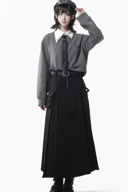 グレーウィンタープレッピーカレッジロングトップス+ショートトップス+スカート+パンツ+シャツ