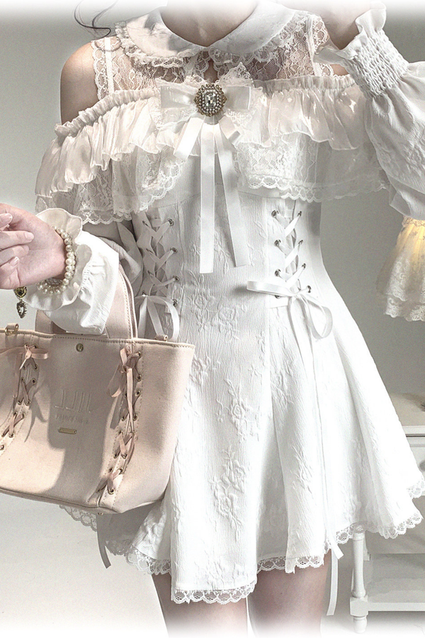 Off Shoulder Lace Up Lace Dress