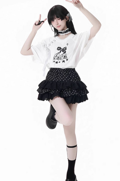 リボンルーズTシャツ+キュロット+アシメスカート