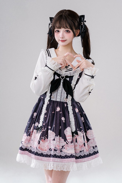 Sailor Color Sweetheart Print Dress + V-Neck Frilled Knit Cardigan