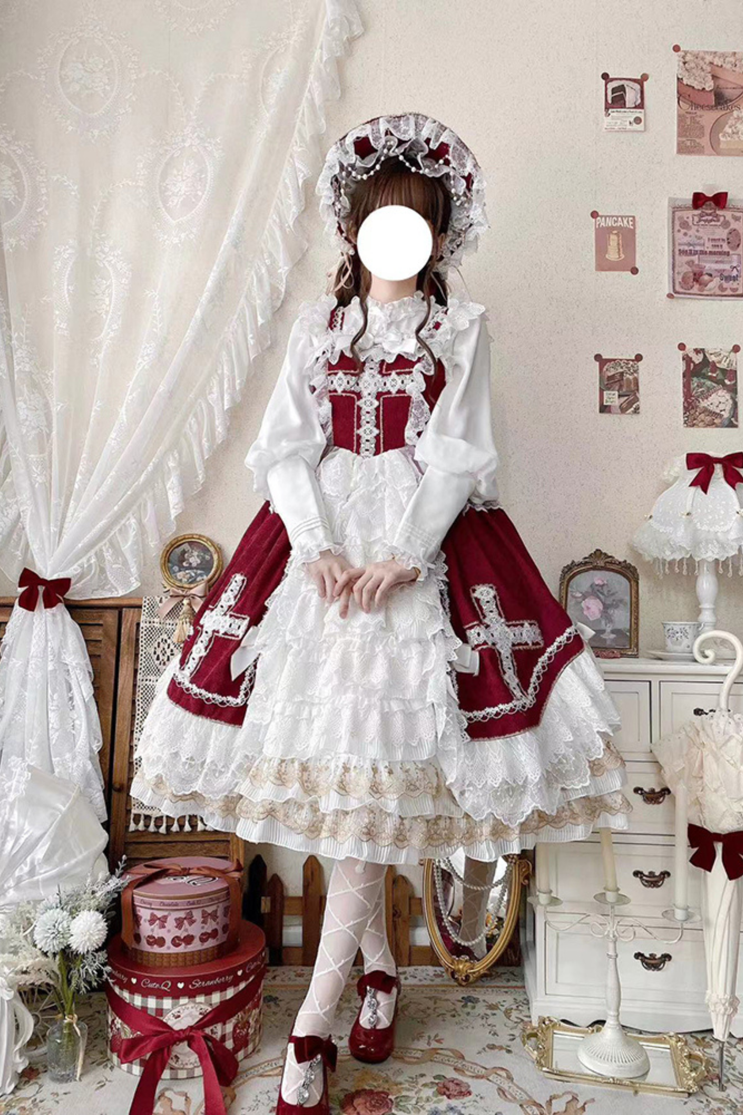 ゴシックドールレースジャンパースカート+ボンネット+ショール