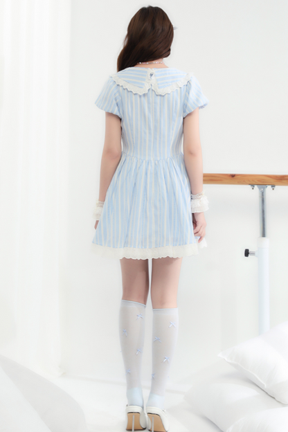 Lace Ribbon Blue Striped Dress
