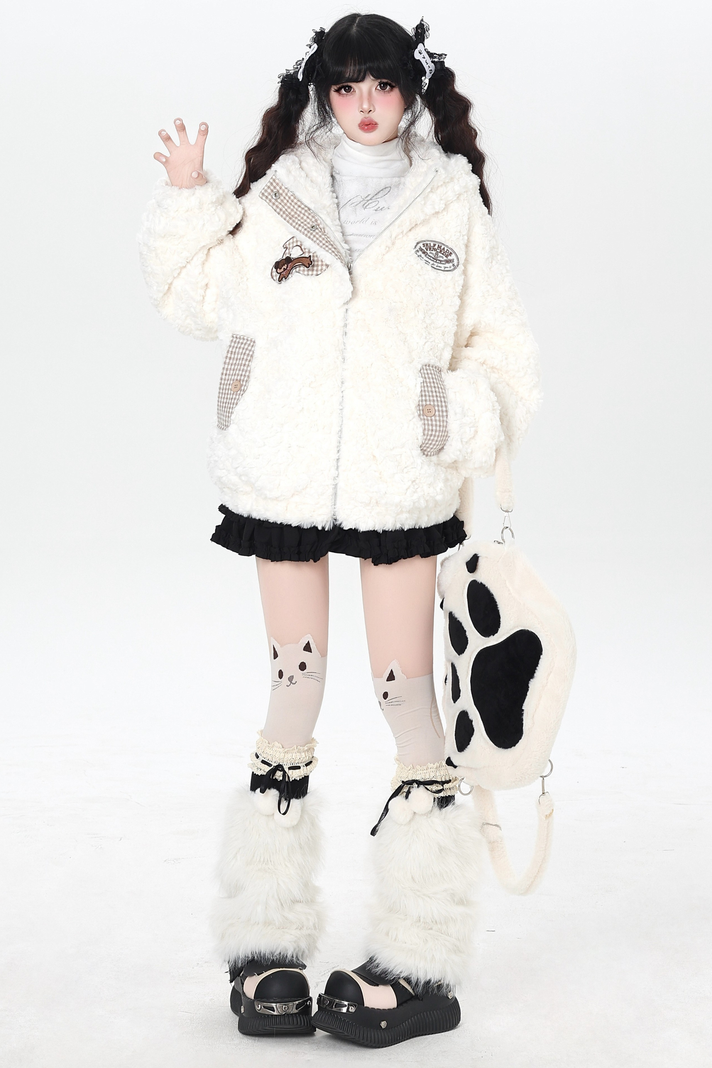 Check Long Bunny Ear Fur Jacket