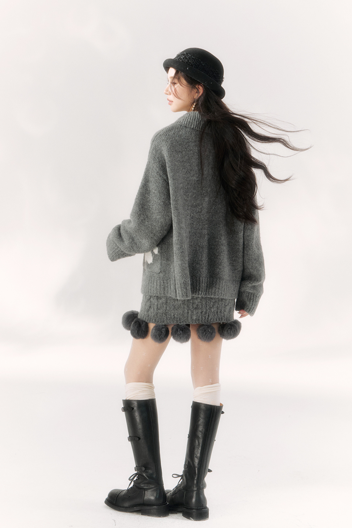 Cat Ball French Knit Sweater + Fur Skirt