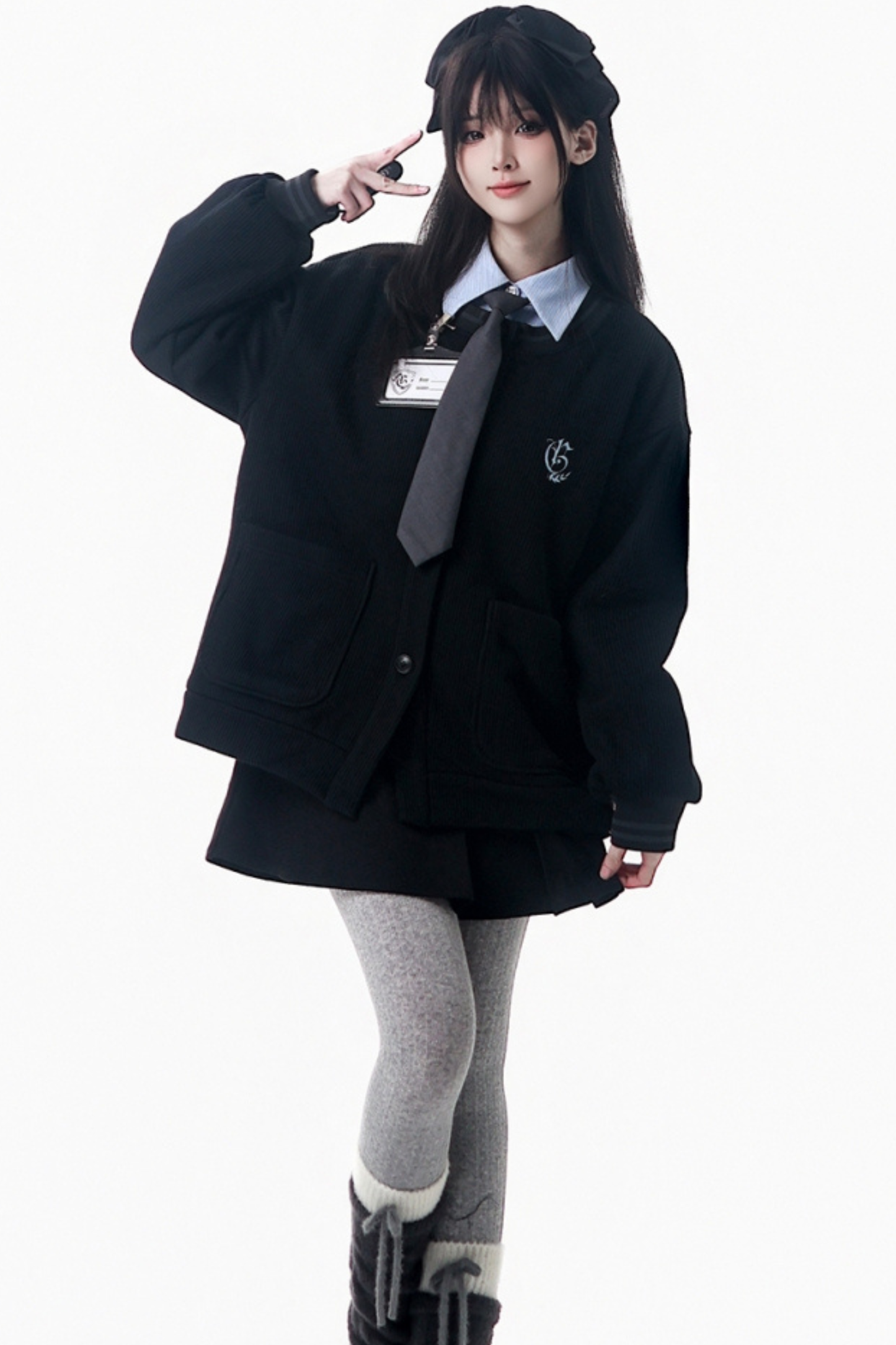 カレッジブルーシャツ+カーディガン+ショートスカート+ロングスカート