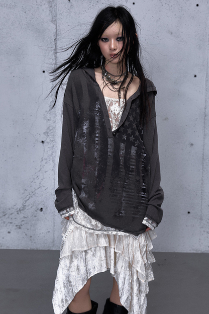 레이스 패치워크 루즈핏 후드 파카