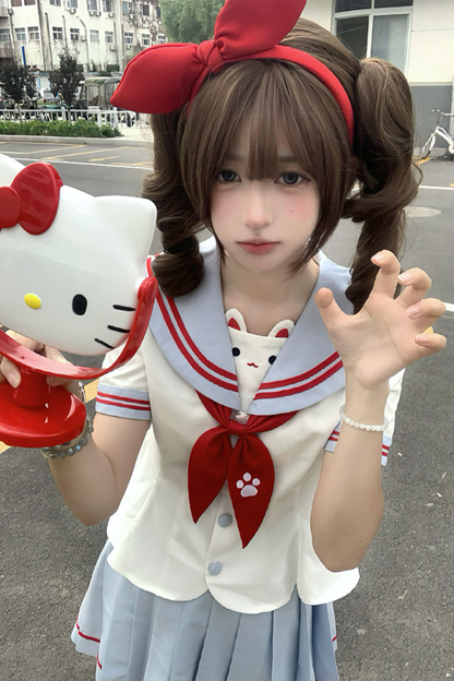 Hauts de marin pour fille anime chat + jupe + ruban