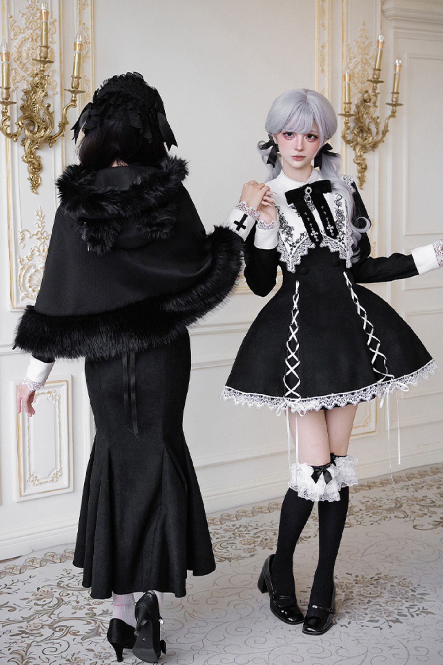 シックマーメイドドレス+レースアップショートドレス+マントコート+カラー+リボンブローチ