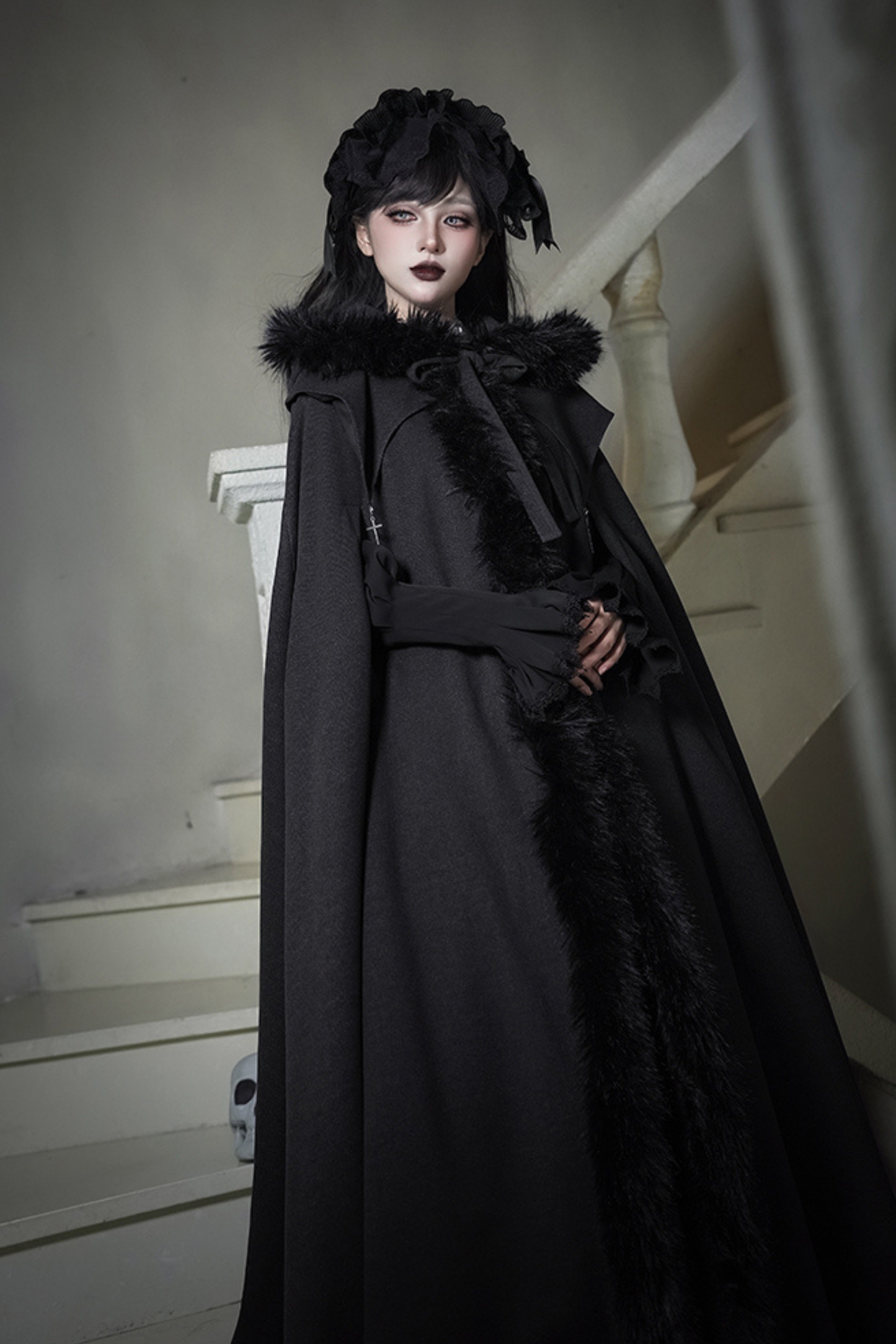 ダークゴシックフリースフードマント