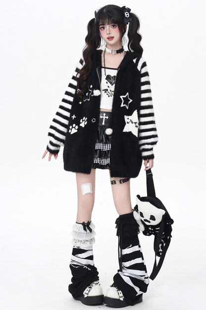 Star Line Striped Hooded Knit Cardigan