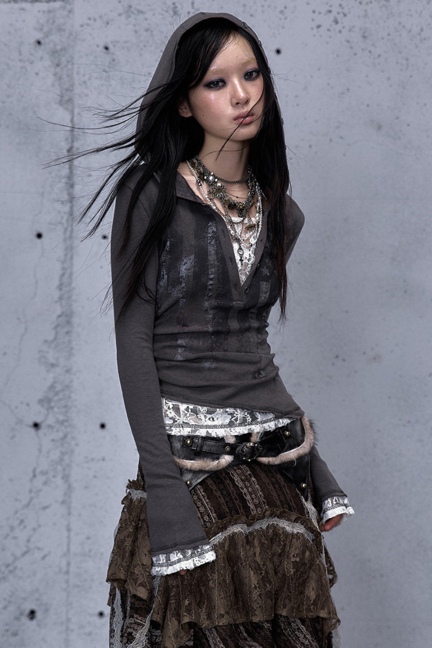 레이스 패치워크 타이트 후드 파커