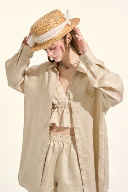 パスティルスタイルカーキレースキャミソール+シャツ +ショートパンツ