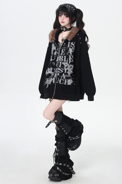 アメリカンレトロレターストリートファーフードパーカー