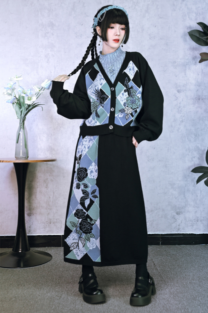 Argyle Flower Cardigan + Asymmetrical Skirt