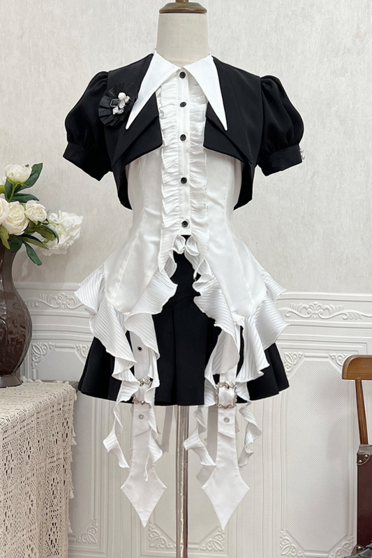 puff sleeve short jacket + asymmetrical shirt + shorts