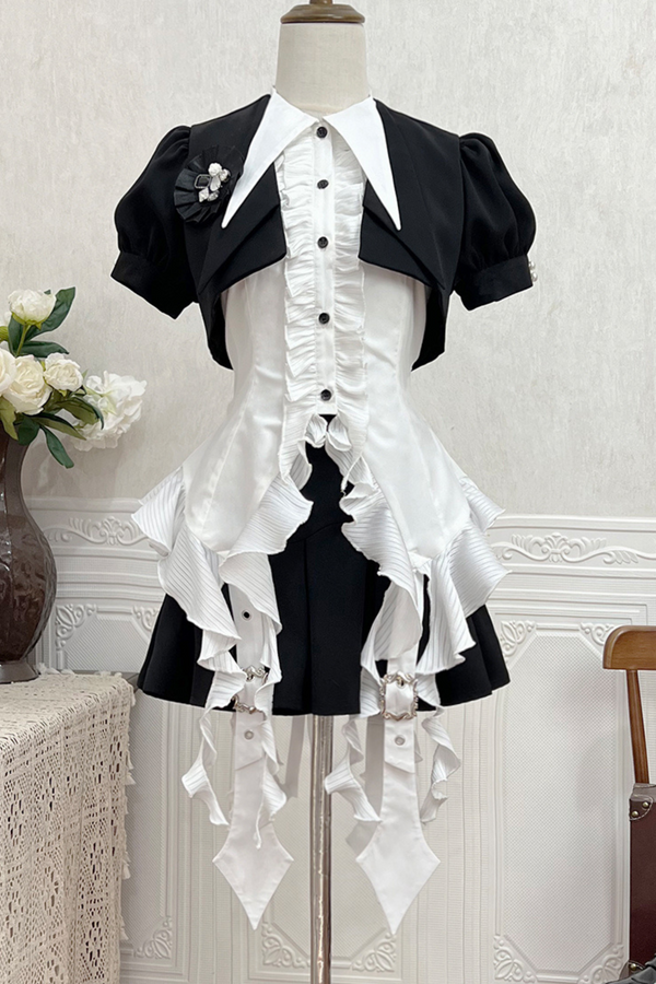 puff sleeve short jacket + asymmetrical shirt + shorts