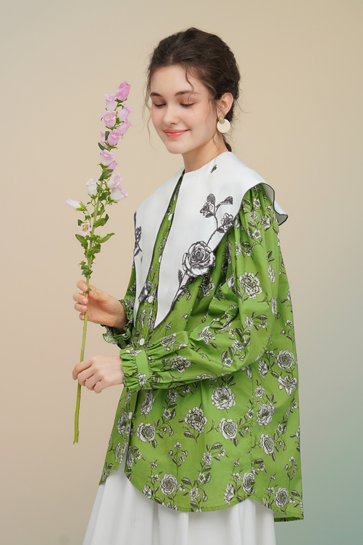 グリーンローズフレンチヴィンテージプリントシャツ