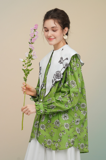 グリーンローズフレンチヴィンテージプリントシャツ