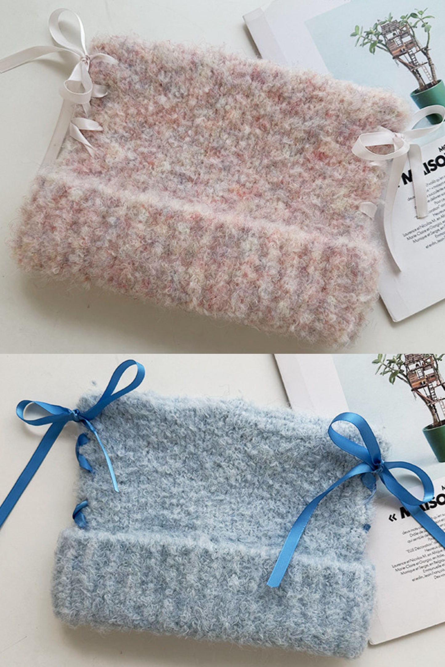 Plush Bow Ribbon Knit Hat