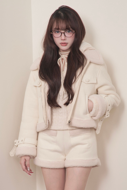 ファーショートコート+ショートパンツ