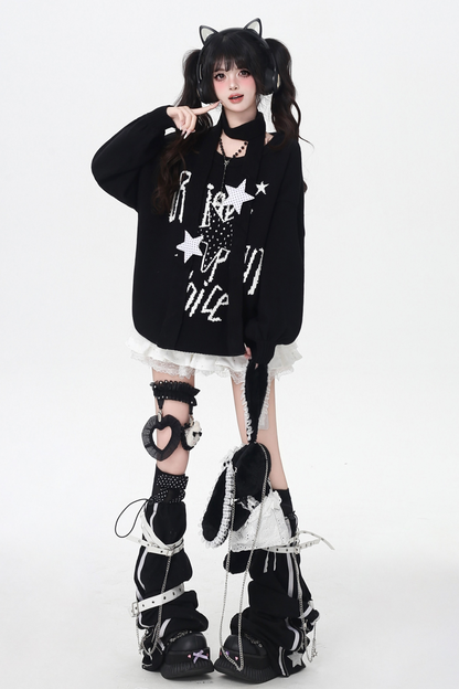 スターデザインルーズラウンドネックトップス