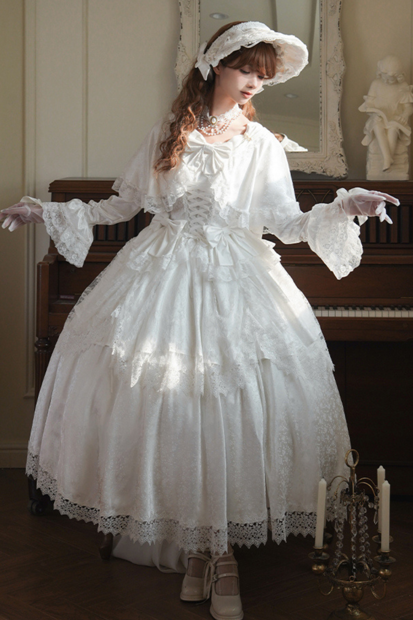 [Reserved Item] Pure White Multi-Wear Lolita Dress + Petticoat + Tail + Bonnet + Necklace + Ribbon