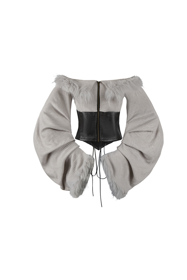 Y2Kファーオフショルダーニットトップス